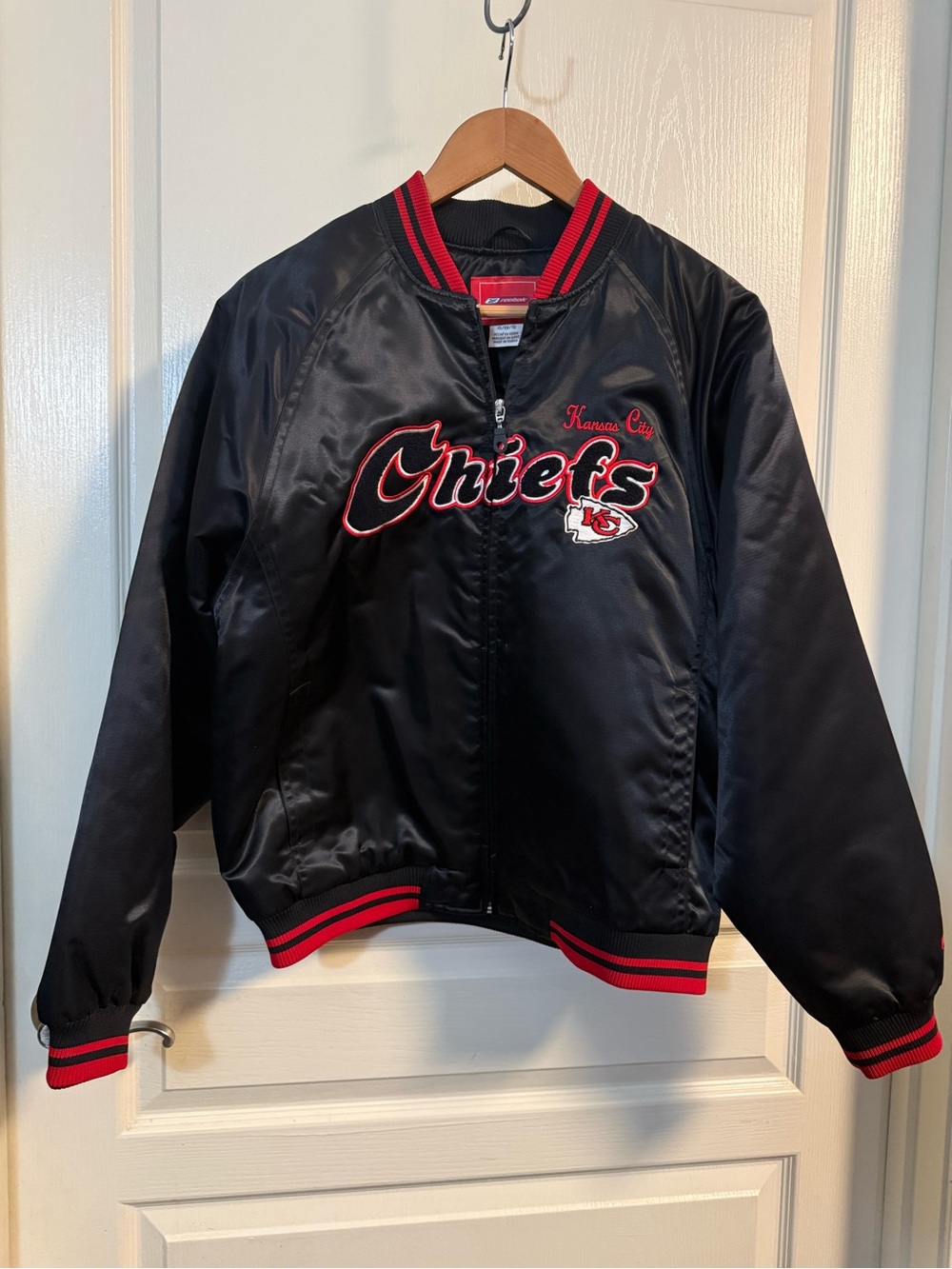 Reebok Kansas City Chiefs Satin Bomber Jacket XL Y2K NFL Embroidered Unisex